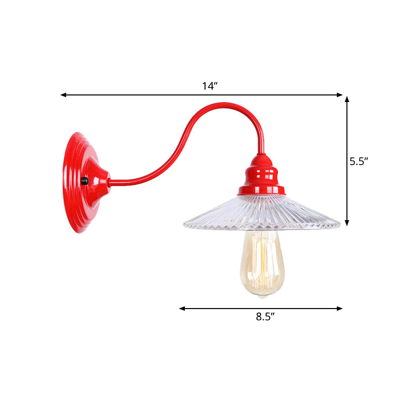 Cone Clear Ribbed Glass Wall Mounted Lamp Industrial Single Bulb Bedroom Sconce Light in Red Clearhalo 'Cast Iron' 'Glass' 'Industrial' 'Modern wall lights' 'Modern' 'Tiffany' 'Traditional wall lights' 'Wall Lamps & Sconces' 'Wall Lights' Lighting' 991176