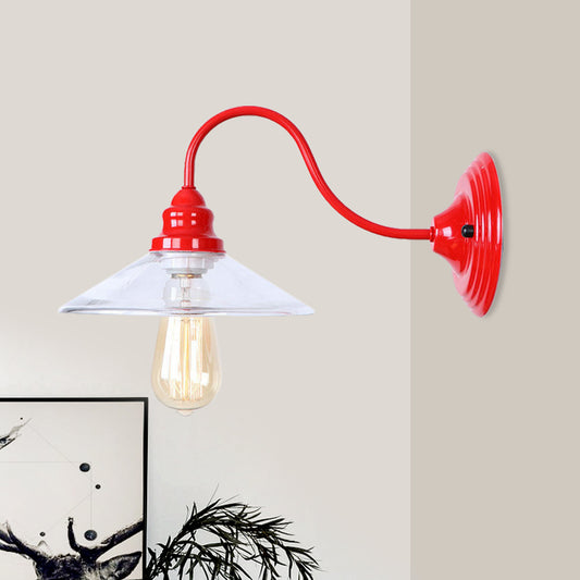 1 Bulb Wide Flare Wall Mounted Light Industrial Red Clear Glass Lighting with Curved Arm Clear Clearhalo 'Cast Iron' 'Glass' 'Industrial' 'Modern wall lights' 'Modern' 'Tiffany' 'Traditional wall lights' 'Wall Lamps & Sconces' 'Wall Lights' Lighting' 991177