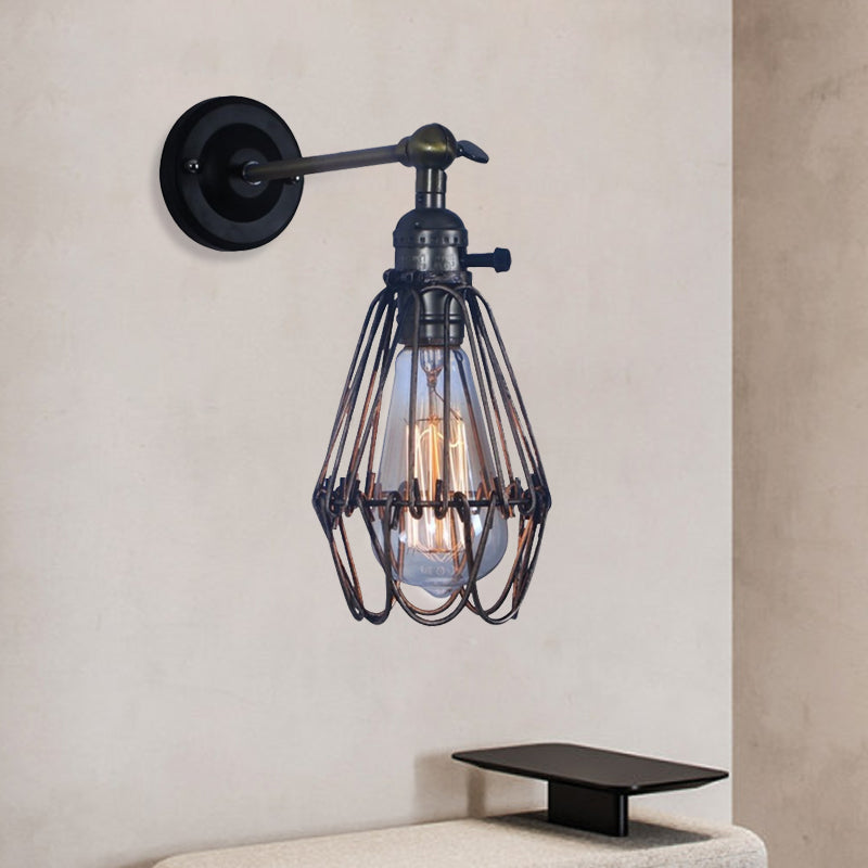 Rustic Style Cage Shade Wall Lighting 1 Light Wrought Iron Wall Lamp in Black for Coffee Shop Black Clearhalo 'Art deco wall lights' 'Cast Iron' 'Glass' 'Industrial wall lights' 'Industrial' 'Middle century wall lights' 'Modern' 'Rustic wall lights' 'Tiffany' 'Traditional wall lights' 'Wall Lamps & Sconces' 'Wall Lights' Lighting' 991192
