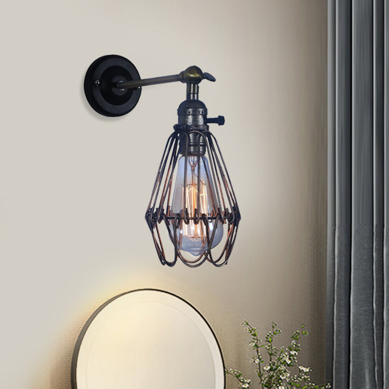 Rustic Style Cage Shade Wall Lighting 1 Light Wrought Iron Wall Lamp in Black for Coffee Shop Clearhalo 'Art deco wall lights' 'Cast Iron' 'Glass' 'Industrial wall lights' 'Industrial' 'Middle century wall lights' 'Modern' 'Rustic wall lights' 'Tiffany' 'Traditional wall lights' 'Wall Lamps & Sconces' 'Wall Lights' Lighting' 991194