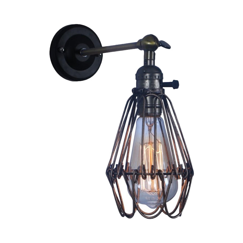 Rustic Style Cage Shade Wall Lighting 1 Light Wrought Iron Wall Lamp in Black for Coffee Shop Clearhalo 'Art deco wall lights' 'Cast Iron' 'Glass' 'Industrial wall lights' 'Industrial' 'Middle century wall lights' 'Modern' 'Rustic wall lights' 'Tiffany' 'Traditional wall lights' 'Wall Lamps & Sconces' 'Wall Lights' Lighting' 991195