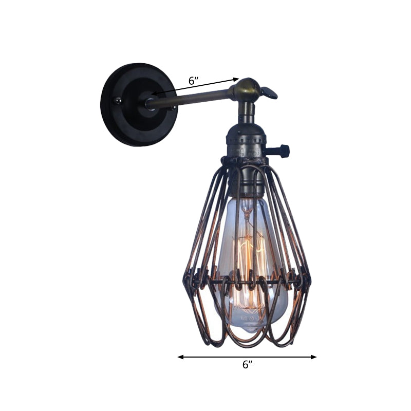 Rustic Style Cage Shade Wall Lighting 1 Light Wrought Iron Wall Lamp in Black for Coffee Shop Clearhalo 'Art deco wall lights' 'Cast Iron' 'Glass' 'Industrial wall lights' 'Industrial' 'Middle century wall lights' 'Modern' 'Rustic wall lights' 'Tiffany' 'Traditional wall lights' 'Wall Lamps & Sconces' 'Wall Lights' Lighting' 991196