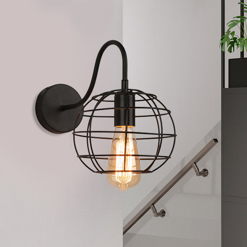 Industrial Stylish Globe Cage Wall Lighting 1 Bulb Metal Wall Sconce Light with Curved Arm in Black for Bedside Clearhalo 'Art deco wall lights' 'Cast Iron' 'Glass' 'Industrial wall lights' 'Industrial' 'Middle century wall lights' 'Modern' 'Rustic wall lights' 'Tiffany' 'Traditional wall lights' 'Wall Lamps & Sconces' 'Wall Lights' Lighting' 991203