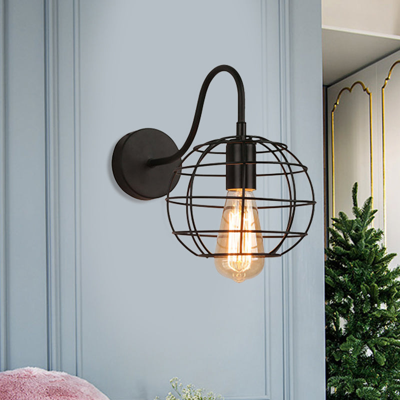 Industrial Stylish Globe Cage Wall Lighting 1 Bulb Metal Wall Sconce Light with Curved Arm in Black for Bedside Clearhalo 'Art deco wall lights' 'Cast Iron' 'Glass' 'Industrial wall lights' 'Industrial' 'Middle century wall lights' 'Modern' 'Rustic wall lights' 'Tiffany' 'Traditional wall lights' 'Wall Lamps & Sconces' 'Wall Lights' Lighting' 991204