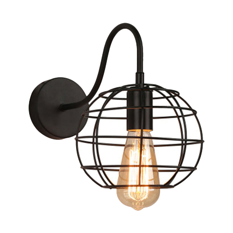 Industrial Stylish Globe Cage Wall Lighting 1 Bulb Metal Wall Sconce Light with Curved Arm in Black for Bedside Clearhalo 'Art deco wall lights' 'Cast Iron' 'Glass' 'Industrial wall lights' 'Industrial' 'Middle century wall lights' 'Modern' 'Rustic wall lights' 'Tiffany' 'Traditional wall lights' 'Wall Lamps & Sconces' 'Wall Lights' Lighting' 991205