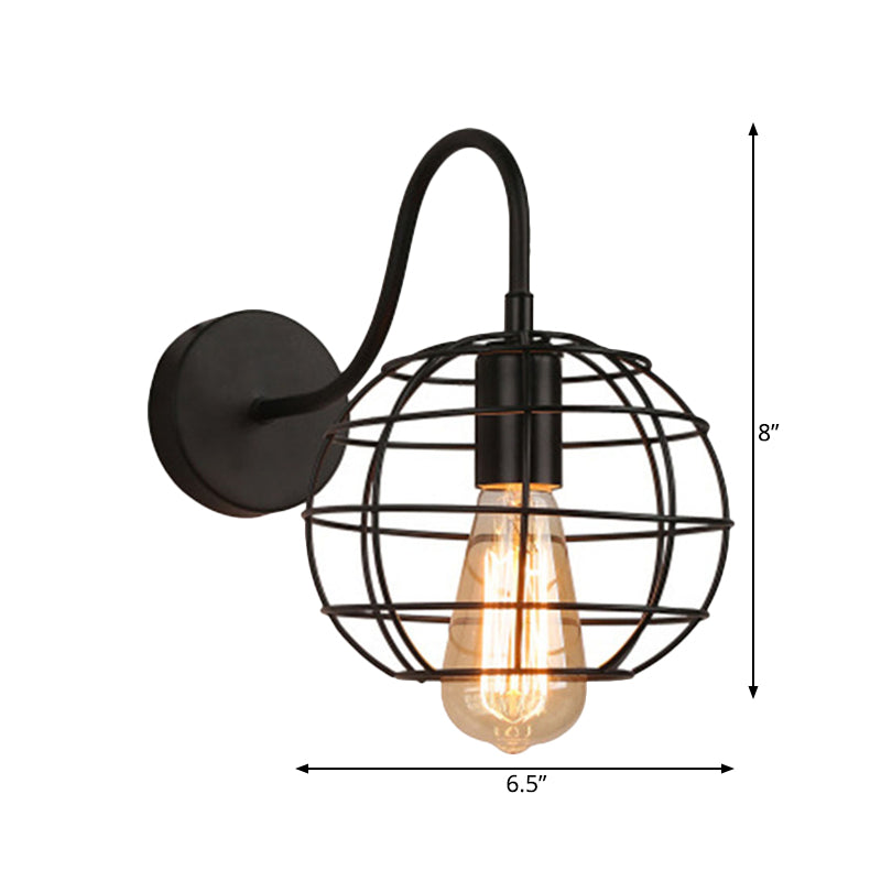 Industrial Stylish Globe Cage Wall Lighting 1 Bulb Metal Wall Sconce Light with Curved Arm in Black for Bedside Clearhalo 'Art deco wall lights' 'Cast Iron' 'Glass' 'Industrial wall lights' 'Industrial' 'Middle century wall lights' 'Modern' 'Rustic wall lights' 'Tiffany' 'Traditional wall lights' 'Wall Lamps & Sconces' 'Wall Lights' Lighting' 991206
