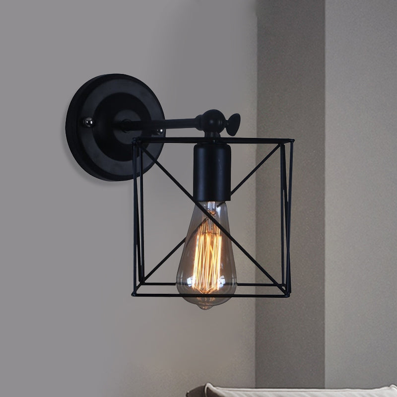 1 Head Metal Wall Lighting Antique Style Black Squared Cage Shade Bedroom Wall Mounted Lamp Clearhalo 'Art deco wall lights' 'Cast Iron' 'Glass' 'Industrial wall lights' 'Industrial' 'Middle century wall lights' 'Modern' 'Rustic wall lights' 'Tiffany' 'Traditional wall lights' 'Wall Lamps & Sconces' 'Wall Lights' Lighting' 991213