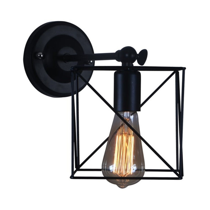 1 Head Metal Wall Lighting Antique Style Black Squared Cage Shade Bedroom Wall Mounted Lamp Clearhalo 'Art deco wall lights' 'Cast Iron' 'Glass' 'Industrial wall lights' 'Industrial' 'Middle century wall lights' 'Modern' 'Rustic wall lights' 'Tiffany' 'Traditional wall lights' 'Wall Lamps & Sconces' 'Wall Lights' Lighting' 991215