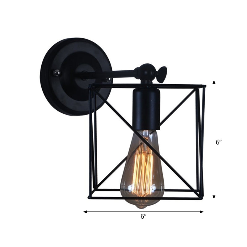 1 Head Metal Wall Lighting Antique Style Black Squared Cage Shade Bedroom Wall Mounted Lamp Clearhalo 'Art deco wall lights' 'Cast Iron' 'Glass' 'Industrial wall lights' 'Industrial' 'Middle century wall lights' 'Modern' 'Rustic wall lights' 'Tiffany' 'Traditional wall lights' 'Wall Lamps & Sconces' 'Wall Lights' Lighting' 991216