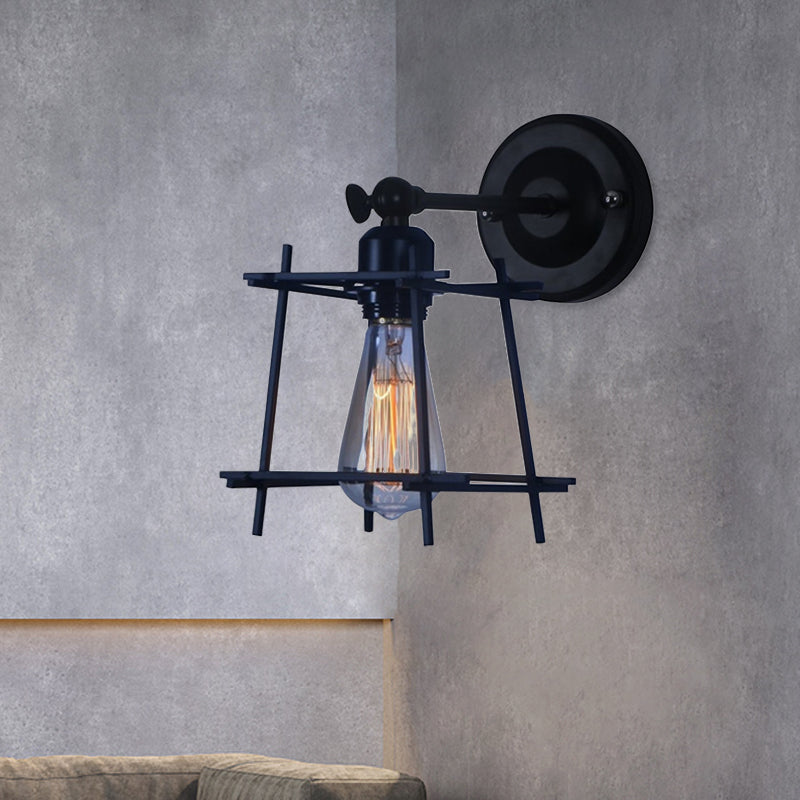 1 Head Wall Light Retro Style Cubic Shade Metal Wall Sconce Lamp with Wire Guard in Black for Bedroom Clearhalo 'Art deco wall lights' 'Cast Iron' 'Glass' 'Industrial wall lights' 'Industrial' 'Middle century wall lights' 'Modern' 'Rustic wall lights' 'Tiffany' 'Traditional wall lights' 'Wall Lamps & Sconces' 'Wall Lights' Lighting' 991219