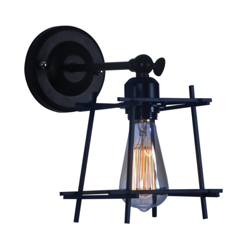 1 Head Wall Light Retro Style Cubic Shade Metal Wall Sconce Lamp with Wire Guard in Black for Bedroom Clearhalo 'Art deco wall lights' 'Cast Iron' 'Glass' 'Industrial wall lights' 'Industrial' 'Middle century wall lights' 'Modern' 'Rustic wall lights' 'Tiffany' 'Traditional wall lights' 'Wall Lamps & Sconces' 'Wall Lights' Lighting' 991220