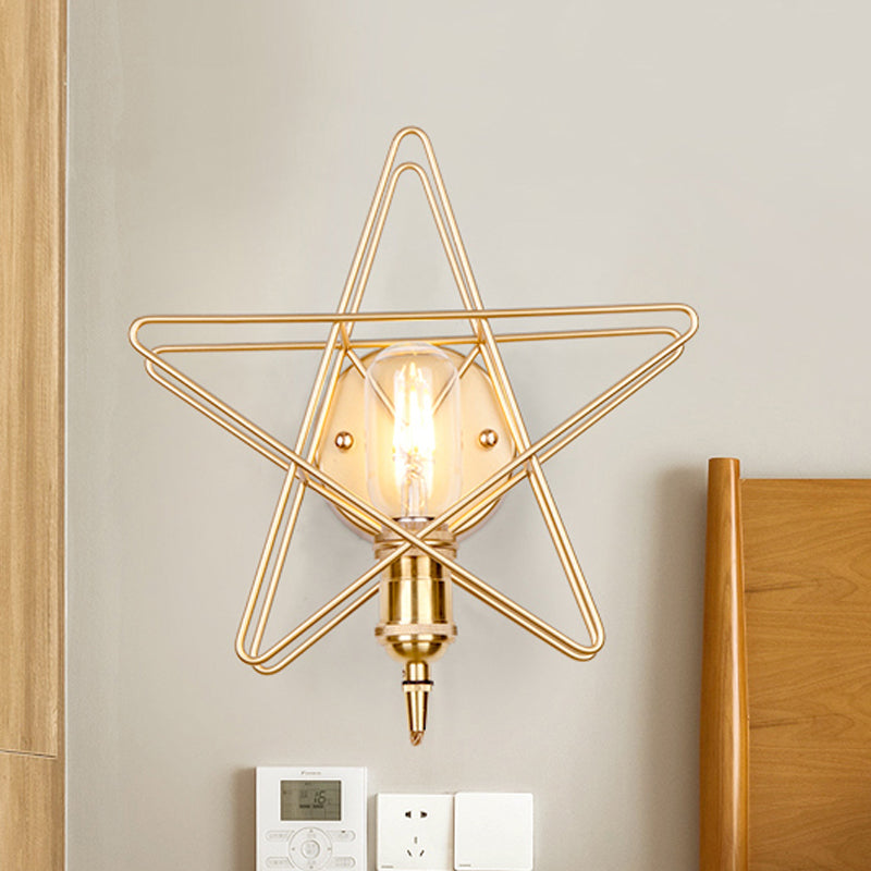 Metal Star-Caged Wall Lamp Sconce Loft Style 1 Bulb Bedroom Wall Lighting in Black/Gold Gold Clearhalo 'Art deco wall lights' 'Cast Iron' 'Glass' 'Industrial wall lights' 'Industrial' 'Middle century wall lights' 'Modern' 'Rustic wall lights' 'Tiffany' 'Traditional wall lights' 'Wall Lamps & Sconces' 'Wall Lights' Lighting' 991227