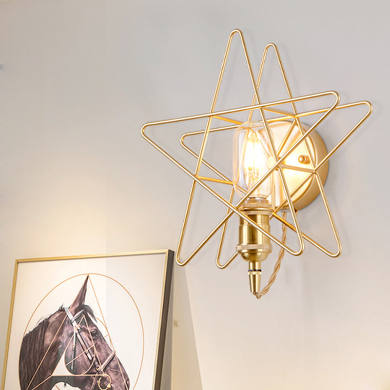 Metal Star-Caged Wall Lamp Sconce Loft Style 1 Bulb Bedroom Wall Lighting in Black/Gold Clearhalo 'Art deco wall lights' 'Cast Iron' 'Glass' 'Industrial wall lights' 'Industrial' 'Middle century wall lights' 'Modern' 'Rustic wall lights' 'Tiffany' 'Traditional wall lights' 'Wall Lamps & Sconces' 'Wall Lights' Lighting' 991228
