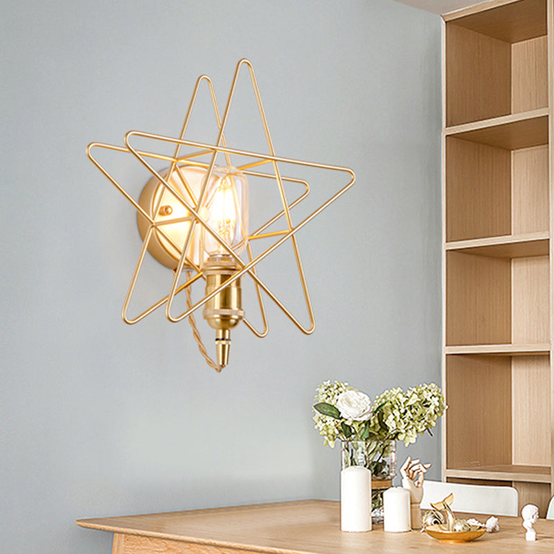 Metal Star-Caged Wall Lamp Sconce Loft Style 1 Bulb Bedroom Wall Lighting in Black/Gold Clearhalo 'Art deco wall lights' 'Cast Iron' 'Glass' 'Industrial wall lights' 'Industrial' 'Middle century wall lights' 'Modern' 'Rustic wall lights' 'Tiffany' 'Traditional wall lights' 'Wall Lamps & Sconces' 'Wall Lights' Lighting' 991229