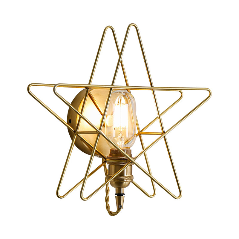 Metal Star-Caged Wall Lamp Sconce Loft Style 1 Bulb Bedroom Wall Lighting in Black/Gold Clearhalo 'Art deco wall lights' 'Cast Iron' 'Glass' 'Industrial wall lights' 'Industrial' 'Middle century wall lights' 'Modern' 'Rustic wall lights' 'Tiffany' 'Traditional wall lights' 'Wall Lamps & Sconces' 'Wall Lights' Lighting' 991230