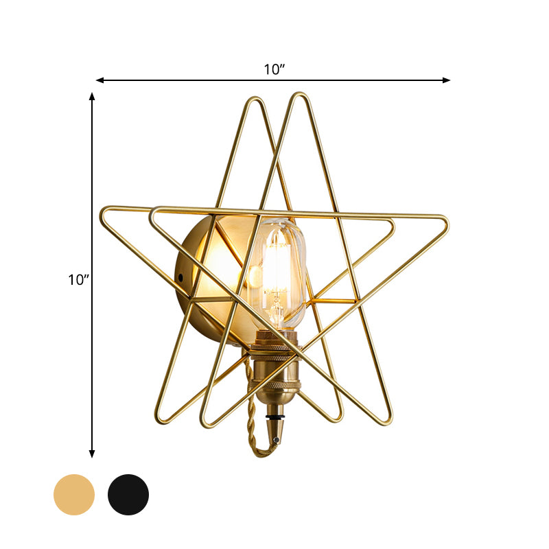 Metal Star-Caged Wall Lamp Sconce Loft Style 1 Bulb Bedroom Wall Lighting in Black/Gold Clearhalo 'Art deco wall lights' 'Cast Iron' 'Glass' 'Industrial wall lights' 'Industrial' 'Middle century wall lights' 'Modern' 'Rustic wall lights' 'Tiffany' 'Traditional wall lights' 'Wall Lamps & Sconces' 'Wall Lights' Lighting' 991231