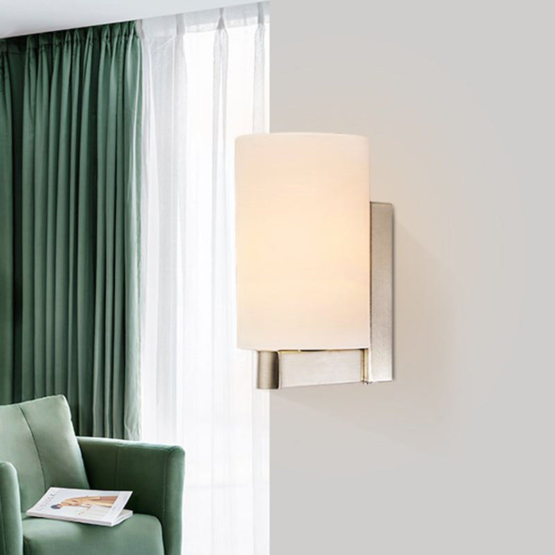 White Glass Cylinder Wall Lamp Modern 1 Light Chrome Sconce Light Fixture for Passage Chrome Clearhalo 'Cast Iron' 'Glass' 'Industrial' 'Modern wall lights' 'Modern' 'Tiffany' 'Traditional wall lights' 'Wall Lamps & Sconces' 'Wall Lights' Lighting' 991253