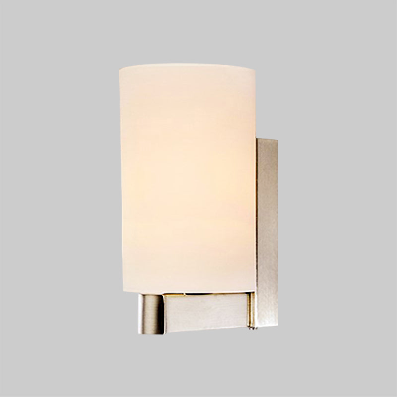 White Glass Cylinder Wall Lamp Modern 1 Light Chrome Sconce Light Fixture for Passage Clearhalo 'Cast Iron' 'Glass' 'Industrial' 'Modern wall lights' 'Modern' 'Tiffany' 'Traditional wall lights' 'Wall Lamps & Sconces' 'Wall Lights' Lighting' 991256