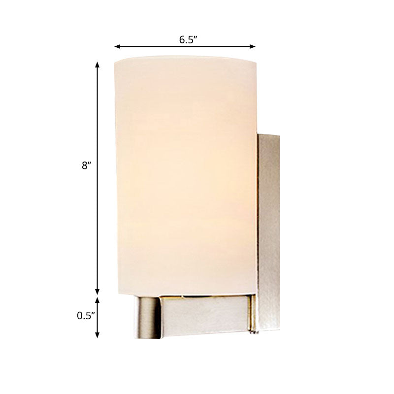 White Glass Cylinder Wall Lamp Modern 1 Light Chrome Sconce Light Fixture for Passage Clearhalo 'Cast Iron' 'Glass' 'Industrial' 'Modern wall lights' 'Modern' 'Tiffany' 'Traditional wall lights' 'Wall Lamps & Sconces' 'Wall Lights' Lighting' 991257