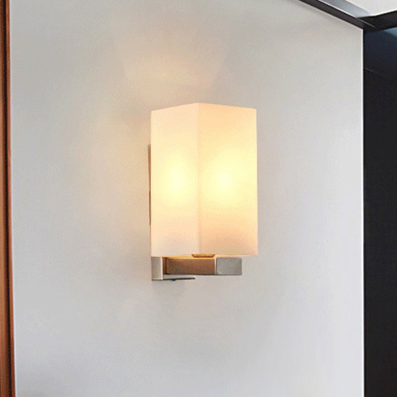 Rectangle Wall Sconce Light Modern Glass Shade 1 Light Wall Mounted Lamp in Chrome Finish White Clearhalo 'Cast Iron' 'Glass' 'Industrial' 'Modern wall lights' 'Modern' 'Tiffany' 'Traditional wall lights' 'Wall Lamps & Sconces' 'Wall Lights' Lighting' 991258