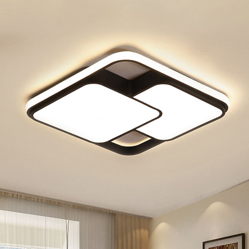 Black and White Rectangular/Square Flush Mount Light Contemporary Metal Integrated LED 18"/35.5"/43" Wide Living Room Ceiling Light in Warm/White Black-White 18" Clearhalo 'Ceiling Lights' 'Close To Ceiling Lights' 'Close to ceiling' 'Flush mount' Lighting' 991352