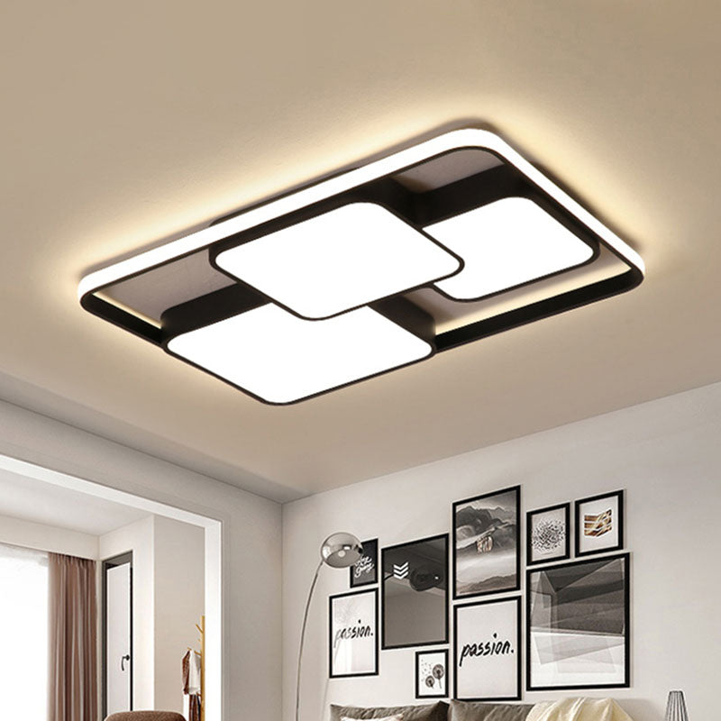 Black and White Rectangular/Square Flush Mount Light Contemporary Metal Integrated LED 18"/35.5"/43" Wide Living Room Ceiling Light in Warm/White Black-White Clearhalo 'Ceiling Lights' 'Close To Ceiling Lights' 'Close to ceiling' 'Flush mount' Lighting' 991357