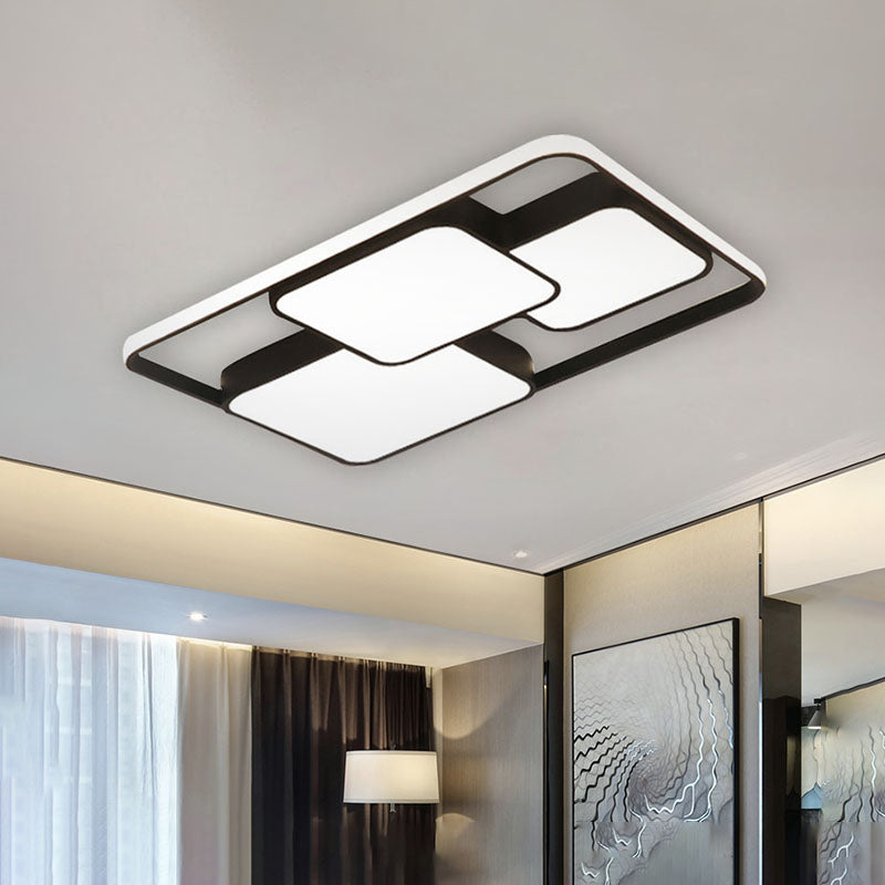 Black and White Rectangular/Square Flush Mount Light Contemporary Metal Integrated LED 18"/35.5"/43" Wide Living Room Ceiling Light in Warm/White Clearhalo 'Ceiling Lights' 'Close To Ceiling Lights' 'Close to ceiling' 'Flush mount' Lighting' 991359