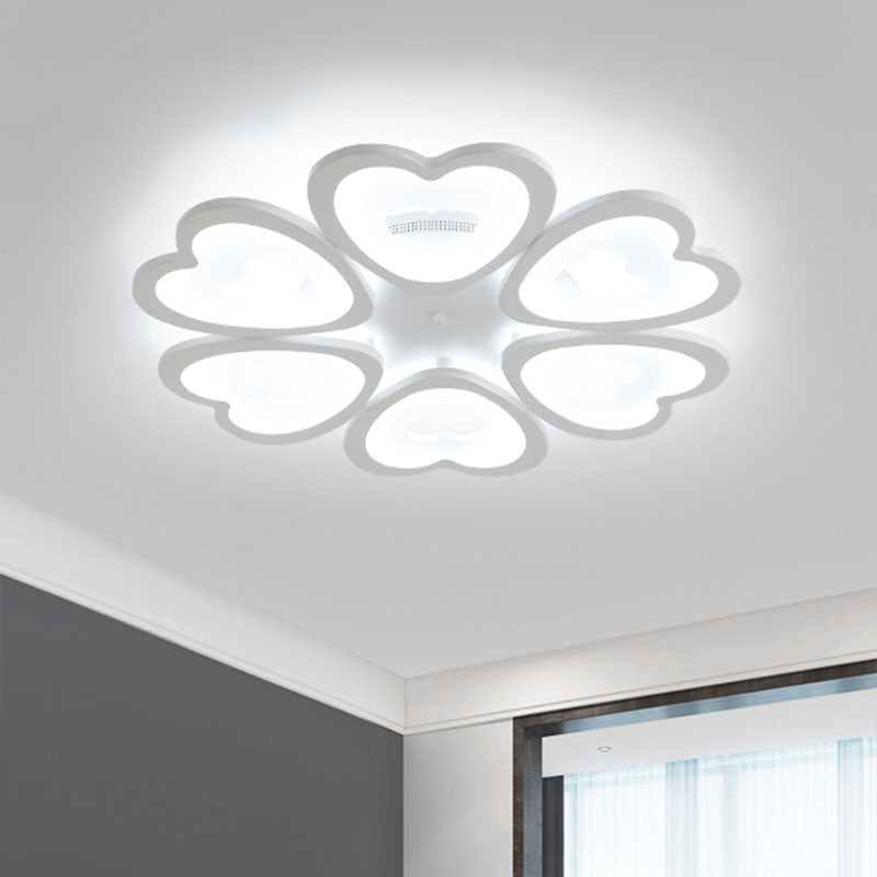 Modern 4/6-Light Ceiling Mount Light Fixture with Acrylic Shade White Heart Flush Lamp in Warm/White/Natural Light 6 White Clearhalo 'Ceiling Lights' 'Close To Ceiling Lights' 'Close to ceiling' 'Semi-flushmount' Lighting' 991393