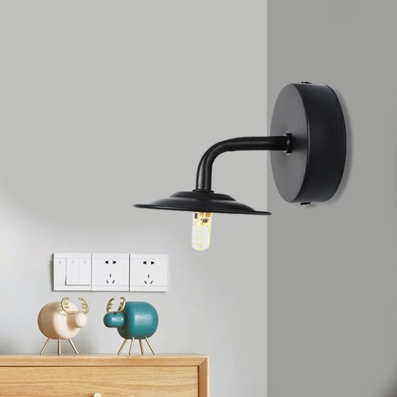 Black Finish 1 Bulb Sconce Light Industrial Metallic Flat Shade Wall Mounted Lamp for Bedroom Clearhalo 'Art deco wall lights' 'Cast Iron' 'Glass' 'Industrial wall lights' 'Industrial' 'Middle century wall lights' 'Modern' 'Rustic wall lights' 'Tiffany' 'Traditional wall lights' 'Wall Lamps & Sconces' 'Wall Lights' Lighting' 991420