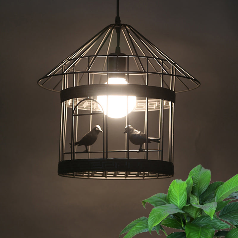 Rustic Birdcage Hanging Light 1 Head Metal Pendant Lamp in Black with Bird Decoration Clearhalo 'Ceiling Lights' 'Pendant Lights' 'Pendants' Lighting' 991423