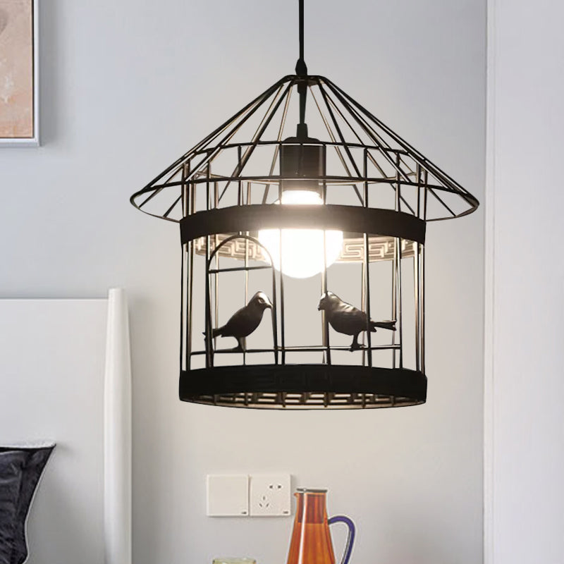 Rustic Birdcage Hanging Light 1 Head Metal Pendant Lamp in Black with Bird Decoration Clearhalo 'Ceiling Lights' 'Pendant Lights' 'Pendants' Lighting' 991424