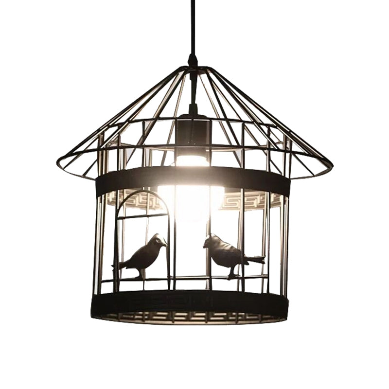 Rustic Birdcage Hanging Light 1 Head Metal Pendant Lamp in Black with Bird Decoration Clearhalo 'Ceiling Lights' 'Pendant Lights' 'Pendants' Lighting' 991425