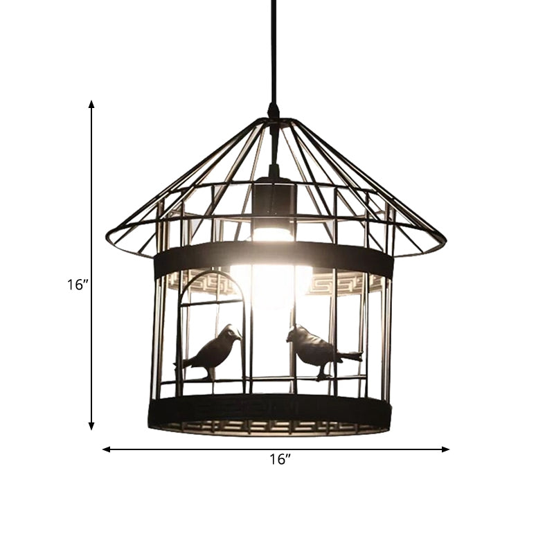 Rustic Birdcage Hanging Light 1 Head Metal Pendant Lamp in Black with Bird Decoration Clearhalo 'Ceiling Lights' 'Pendant Lights' 'Pendants' Lighting' 991427