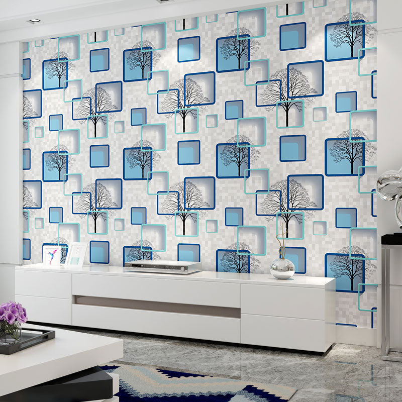 3D Tree and Square Wallpaper Roll for Accent Wall Contemporary Non-Pasted Wall Art, 57.1 sq ft. Light Blue Clearhalo 'Wall Decor' 'Wallpaper' 991531