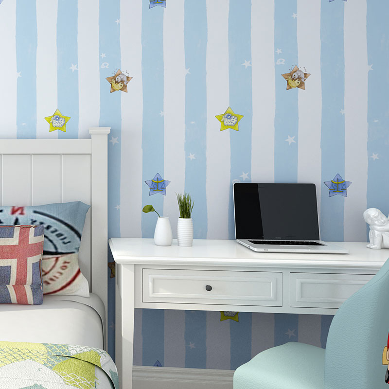 33' x 20.5" Minimalist Wallpaper Roll for Children's Bedroom with Cartoon Star and Stripe Design in Soft Color Light Blue Clearhalo 'Wall Decor' 'Wallpaper' 991690