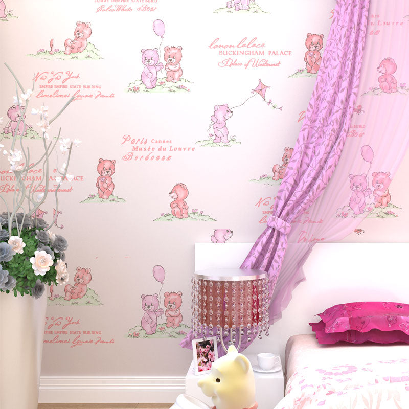 Water-Resistant Cute Bear Wallpaper Non-Woven Fabric Wall Covering for Children's Bedroom Light Pink Clearhalo 'Wall Decor' 'Wallpaper' 991756