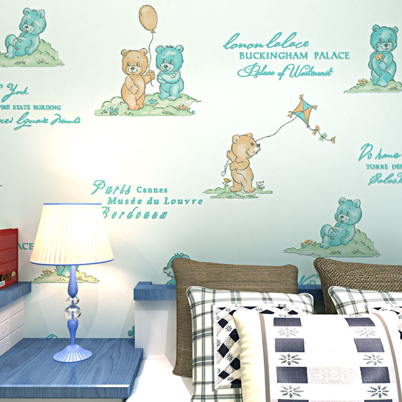 Water-Resistant Cute Bear Wallpaper Non-Woven Fabric Wall Covering for Children's Bedroom Light Blue Clearhalo 'Wall Decor' 'Wallpaper' 991759