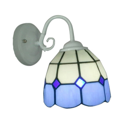 Tiffany Lattice White Domed Wall Sconce with Blue Edge 1 Light Art Glass Wall Lamp for Restaurant Clearhalo 'Industrial' 'Middle century wall lights' 'Tiffany wall lights' 'Tiffany' 'Wall Lamps & Sconces' 'Wall Lights' Lighting' 99184
