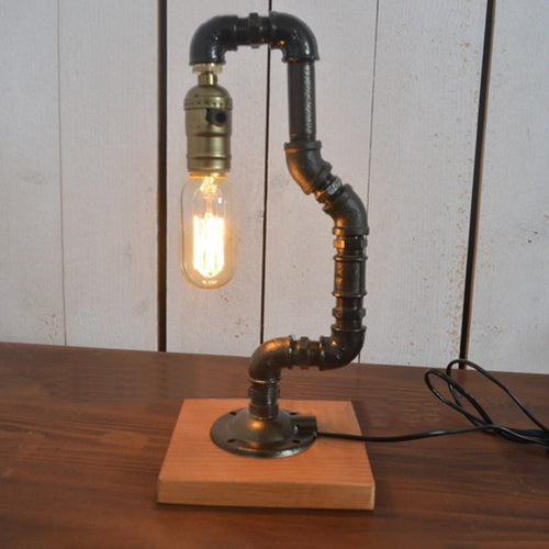 Plumbing Pipe Bedroom Table Lamp Antique Style Metallic 1 Bulb Black Table Lighting with Wooden Base Black Clearhalo 'Lamps' 'Table Lamps' Lighting' 99195