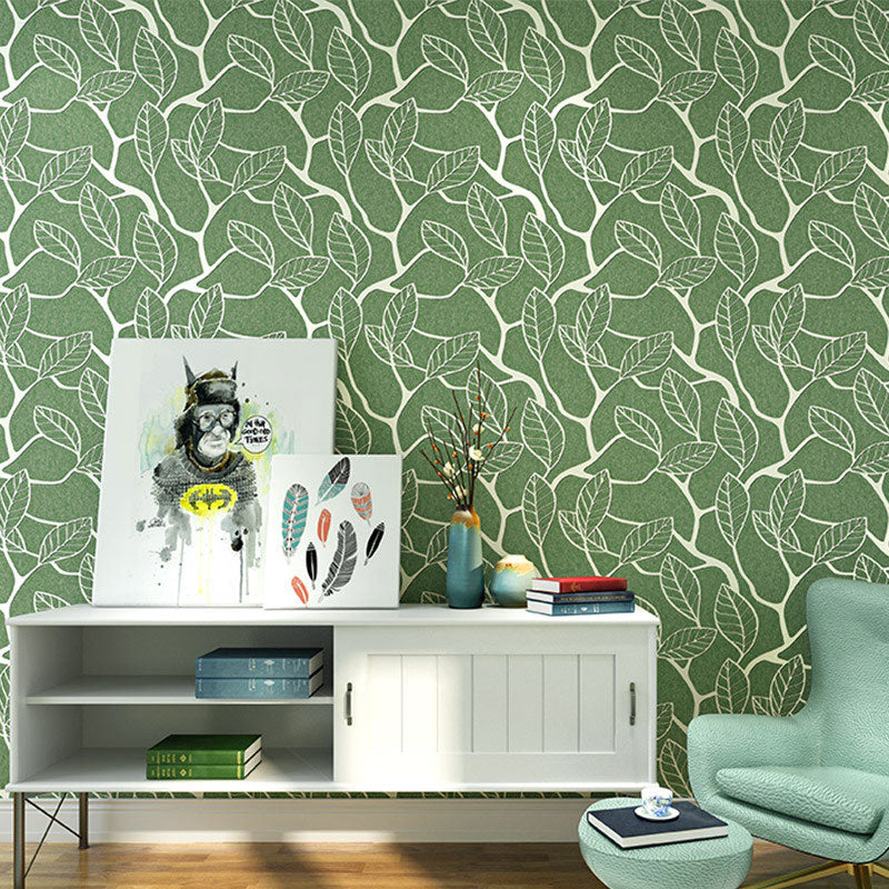 Leaves and Stem Wallpaper for Coffee Shop Contemporary Wall Art, Non-Pasted. 33'L x 20.5"W Green Clearhalo 'Modern wall decor' 'Modern' 'Wallpaper' Wall Decor' 992577