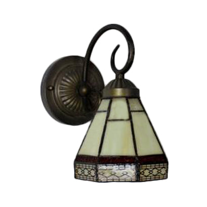 Glass Cone Sconce Light with Curved Arm 1 Bulb Tiffany Classic Wall Sconce in Beige for Dining Room Clearhalo 'Industrial' 'Middle century wall lights' 'Tiffany wall lights' 'Tiffany' 'Wall Lamps & Sconces' 'Wall Lights' Lighting' 99576
