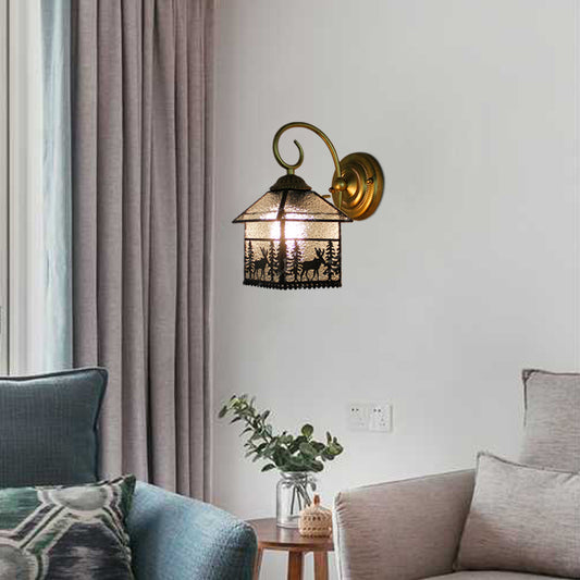 Rustic Style Lodge Wall Light with Deer 1 Bulb Glass Clear Wall Sconce in Brass for Dining Room Clear Clearhalo 'Industrial' 'Middle century wall lights' 'Tiffany wall lights' 'Tiffany' 'Wall Lamps & Sconces' 'Wall Lights' Lighting' 99609