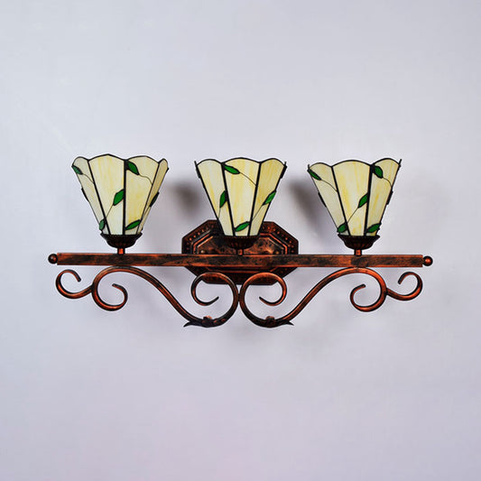 Tiffany Conical Wall Sconce with Leaf Pattern Stained Glass 3 Lights Wall Mount Light for Corridor Clearhalo 'Industrial' 'Middle century wall lights' 'Tiffany wall lights' 'Tiffany' 'Wall Lamps & Sconces' 'Wall Lights' Lighting' 99854