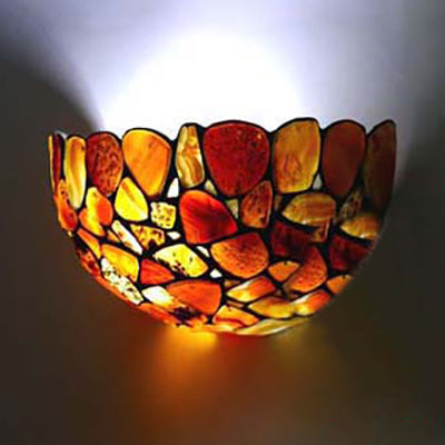 Stained Glass Bowl Wall Mount Light with Stone Design Country Style 2 Lights Wall Sconce for Bedroom Brown Clearhalo 'Industrial' 'Middle century wall lights' 'Tiffany wall lights' 'Tiffany' 'Wall Lamps & Sconces' 'Wall Lights' Lighting' 99862