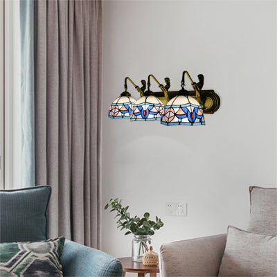 Dome Wall Mounted Light Mediterranean Blue-Pink Glass 3 Head Living Room Sconce Light Blue-Pink Clearhalo 'Industrial' 'Middle century wall lights' 'Tiffany wall lights' 'Tiffany' 'Wall Lamps & Sconces' 'Wall Lights' Lighting' 99915