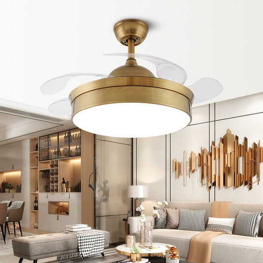 Modernism Drum Pendant Fan Lamp 48" W LED Metallic Semi Flush Ceiling Light in Brass, 4 Blades Brass Clearhalo 'Ceiling Fans with Lights' 'Ceiling Fans' 'Modern Ceiling Fans' 'Modern' Lighting' O1CN01eRFFM71wxLG0oeqrF__2201288596374-0-cib