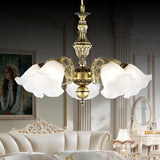 Brass Flower Chandelier Lamp Antique Frosted Glass 5-Head Living Room Ceiling Hang Light Brass Clearhalo 'Ceiling Lights' 'Chandeliers' Lighting' options O1CN01nqcQj11sUFUpyAEWR__480265769