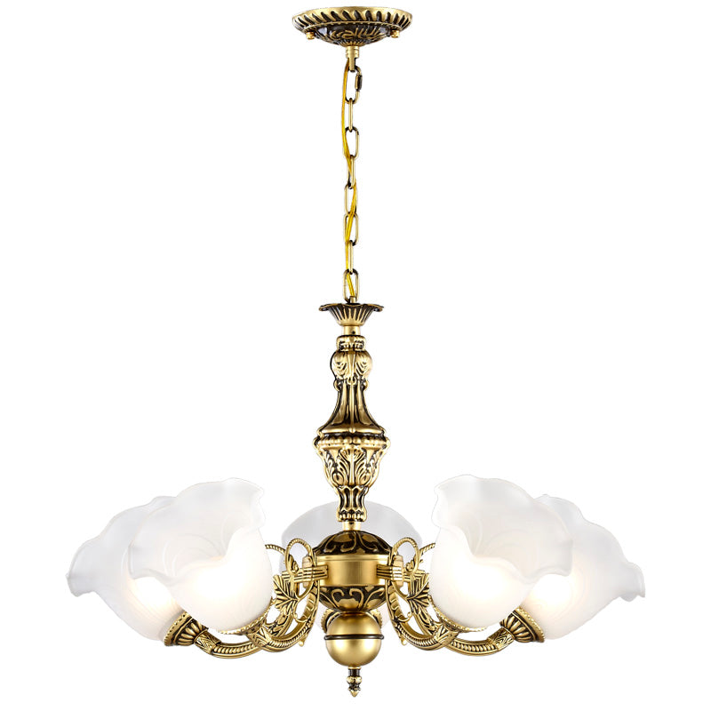 Brass Flower Chandelier Lamp Antique Frosted Glass 5-Head Living Room Ceiling Hang Light Clearhalo 'Ceiling Lights' 'Chandeliers' Lighting' options O1CN01vPwHNE1sUFOt7Lbuo__480265769